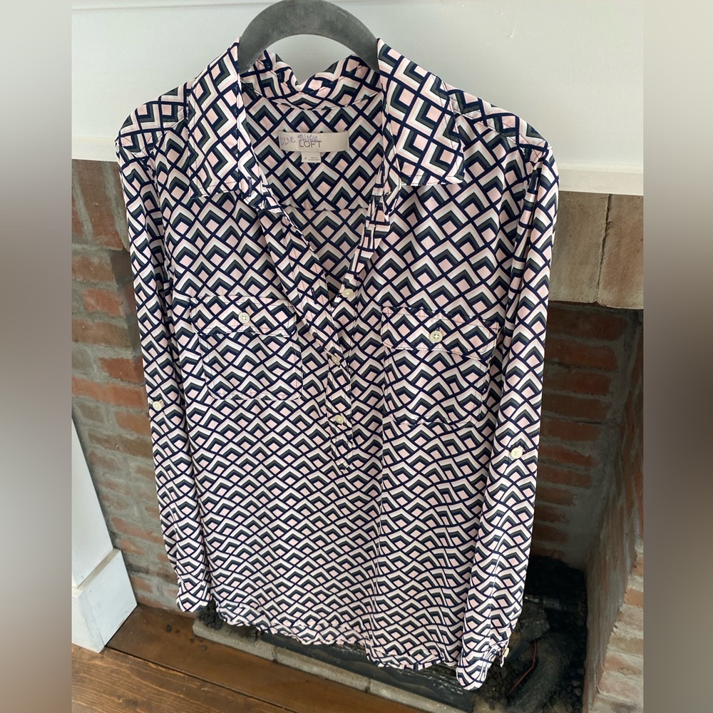 LOFT Geometric Print Long Sleeve Blouse in Navy and White